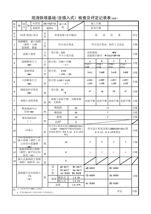 现浇铁塔基础检查及评级记录表(线基1)