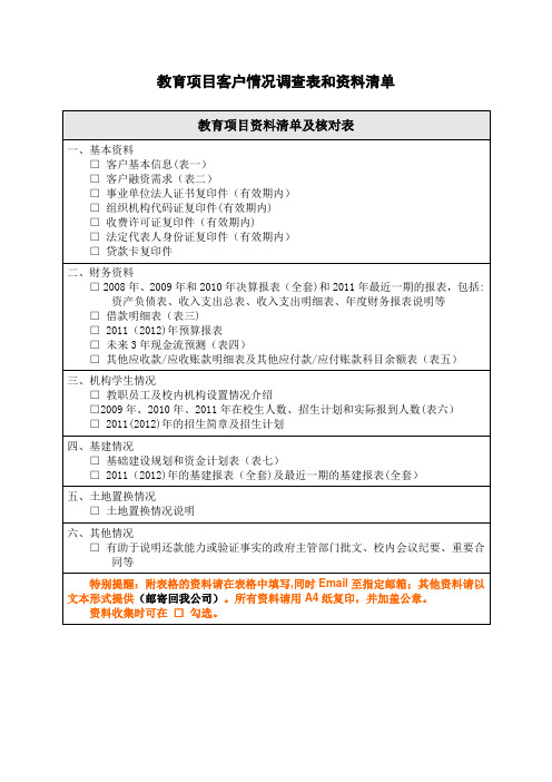 学校项目客户情况调查表和资料清单及融资租赁项目的辅导