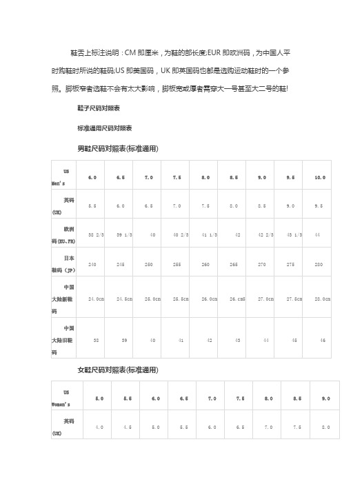 国际鞋尺码对照表