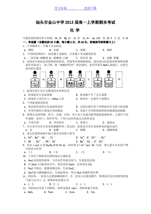 (化学)汕头市金山中学高一上学期期末考试