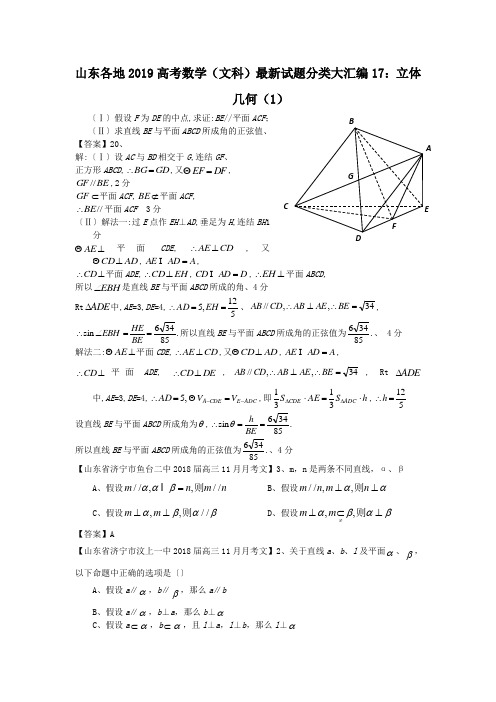 山东各地2019高考数学(文科)最新试题分类大汇编17：立体几何(1)