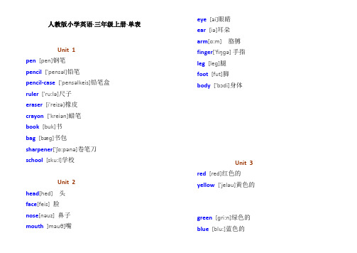 PEP人教版三年级英语上册单词表带有音标