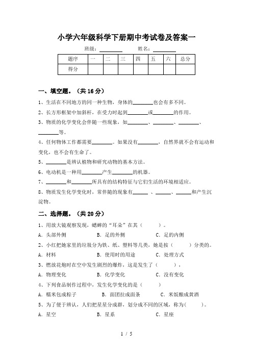 小学六年级科学下册期中考试卷及答案一