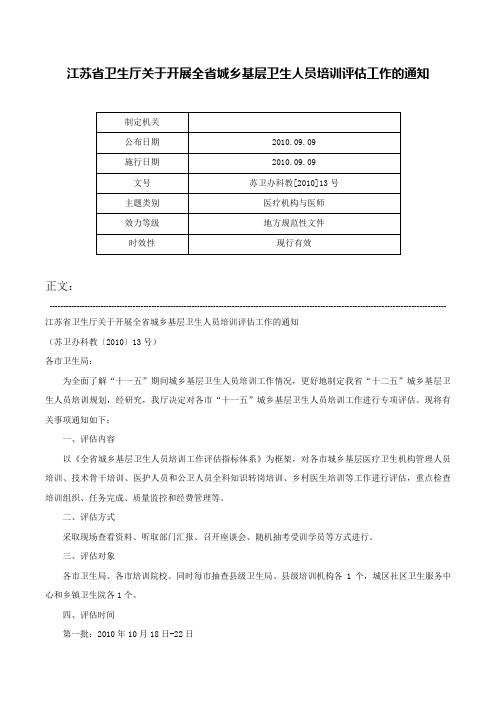 江苏省卫生厅关于开展全省城乡基层卫生人员培训评估工作的通知-苏卫办科教[2010]13号