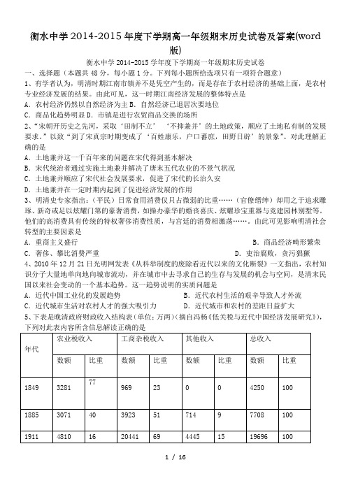 衡水中学2014-2015年度下学期高一年级期末历史试卷及答案(word版)