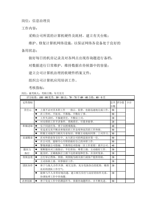 岗位工作内容和年度定性考核指标-信息管理员