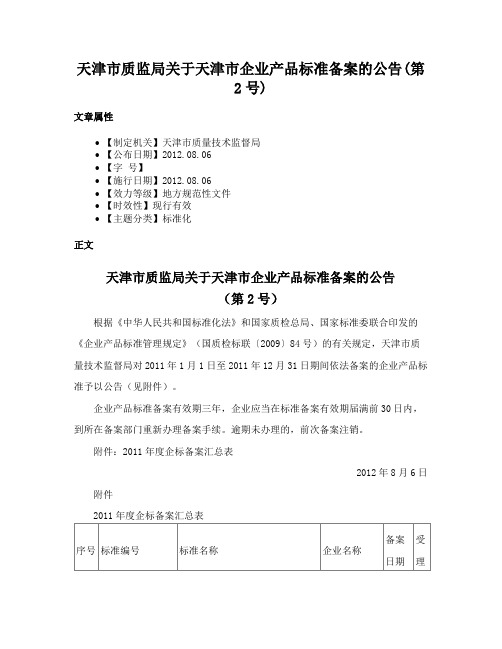 天津市质监局关于天津市企业产品标准备案的公告(第2号)