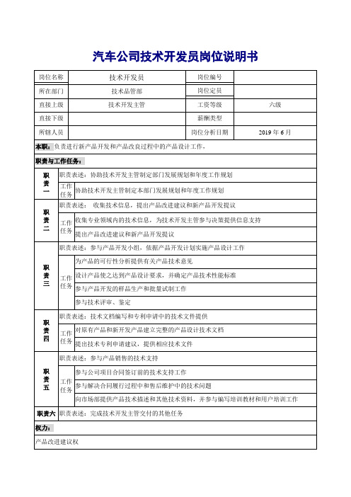 汽车公司技术开发员岗位说明书