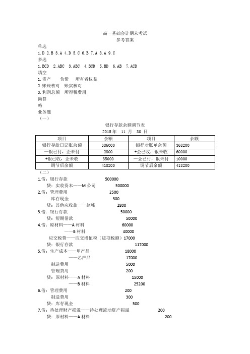 高一基础会计期末考试答案