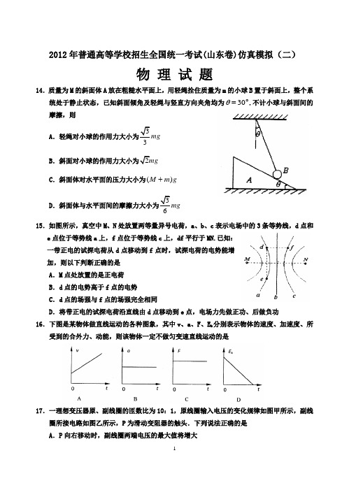 2012年普通高等学校招生全国统一考试(山东卷)仿真模拟(二)