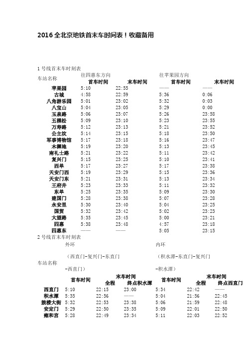 2016全北京地铁首末车时间表！收藏备用