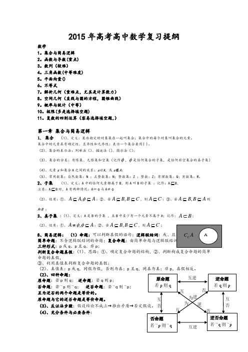 2015年高考高中数学复习提纲