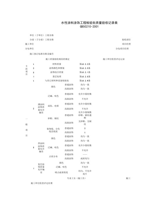 水性涂料涂饰工程检验批质量验收记录表