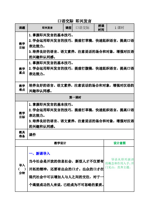 表格式新部编版六年级语文下册第四单元口语交际：即兴发言 教案教学设计