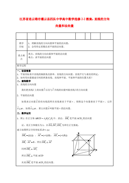 江苏省连云港市灌云县四队中学高中数学 直线的方向向量和法向量教案 苏教版选修2-2