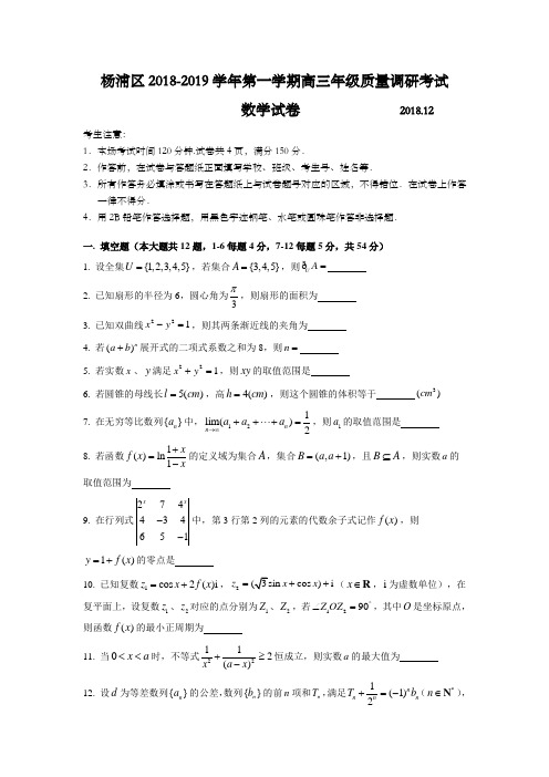 上海市杨浦区2019年高三第一学期期末(一模)学科质量检测数学试题及答案(word解析版)