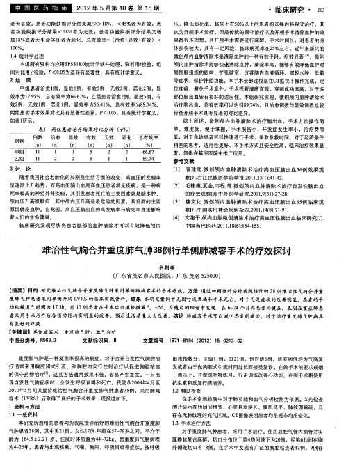 难治性气胸合并重度肺气肿38例行单侧肺减容手术的疗效探讨