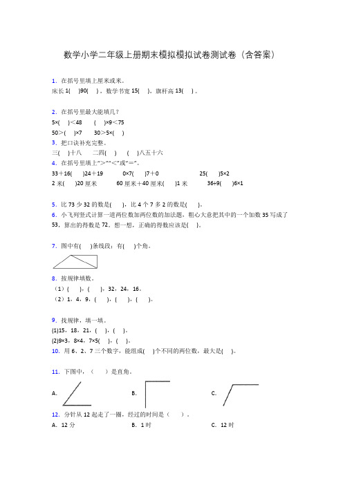 数学小学二年级上册期末模拟模拟试卷测试卷(含答案)