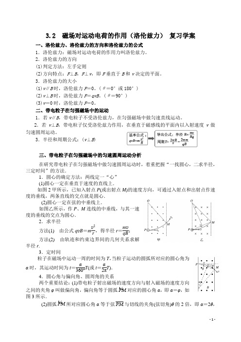 3.2  磁场对运动电荷的作用(洛伦兹力) 复习学案