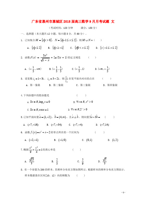 广东省惠州市惠城区高三数学9月月考试题 文