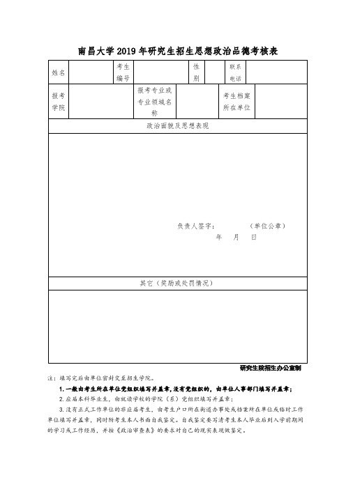 南昌大学2019年研究生招生思想政治品德考核表