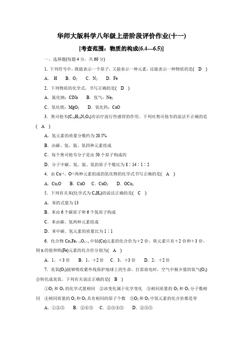 华师大版科学八年级上册阶段评价作业(十一)(答案版)