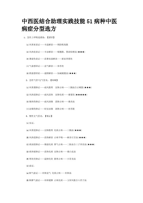 中西医结合助理实践技能51病种中医病症分型选方