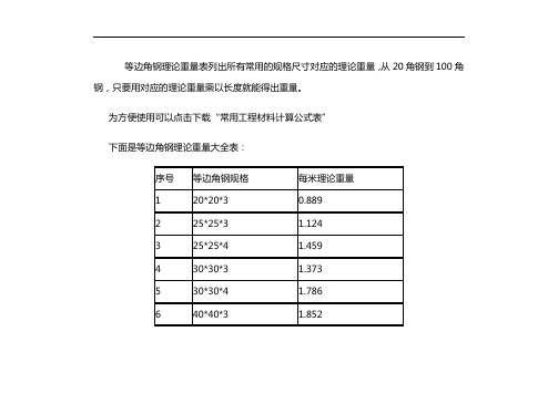 等边角钢理论重量表