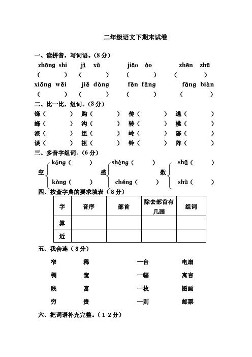 2015-2016学年度人教版小学二年级下册语文期末测试卷