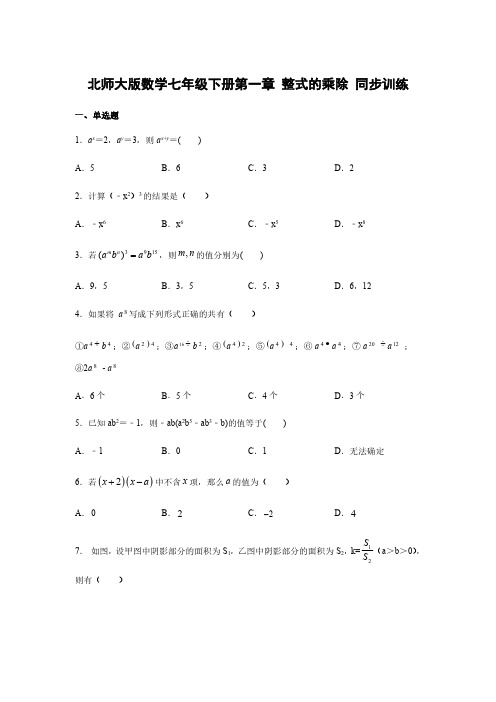 北师大版数学七年级下册第一章 整式的乘除 同步训练(含答案)