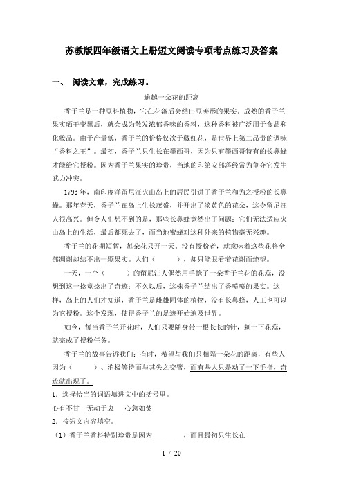 苏教版四年级语文上册短文阅读专项考点练习及答案