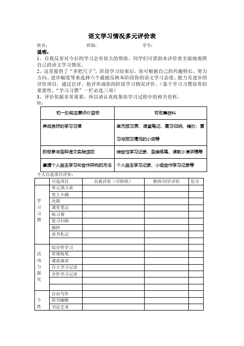 语文学习情况多元评价表