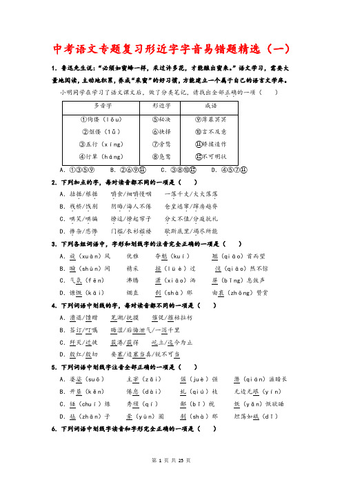 中考语文一轮复习：形近字字音易错题精选