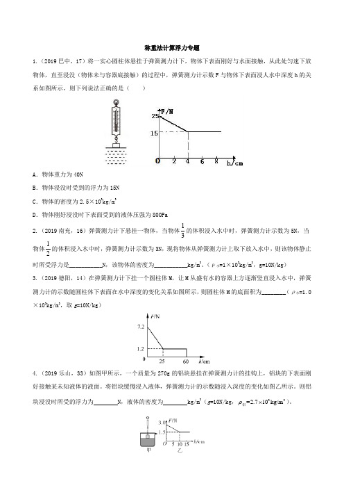 2019年中考物理真题分类汇编(六)4称重法计算浮力专题解析版在后面