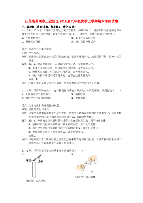 江苏省苏州市工业园区九年级化学上学期期末考试试卷(解析版) 沪教版