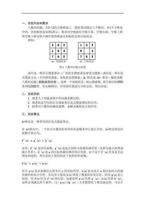 八数码问题C语言A星算法详细实验报告含代码