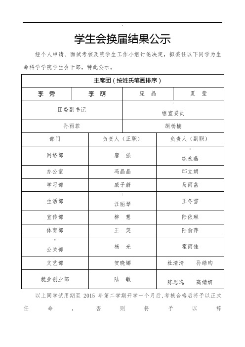 学生会换届结果公示