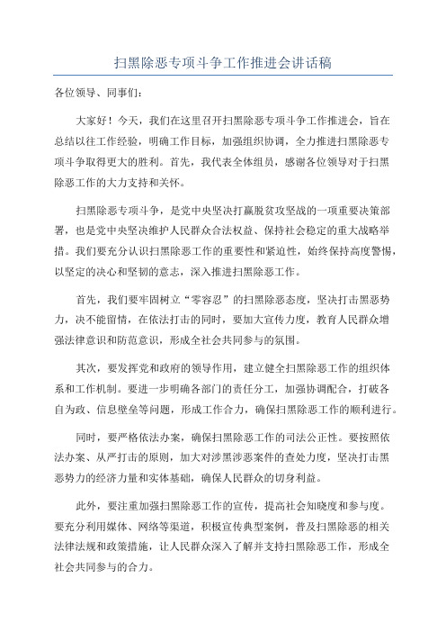 扫黑除恶专项斗争工作推进会讲话稿