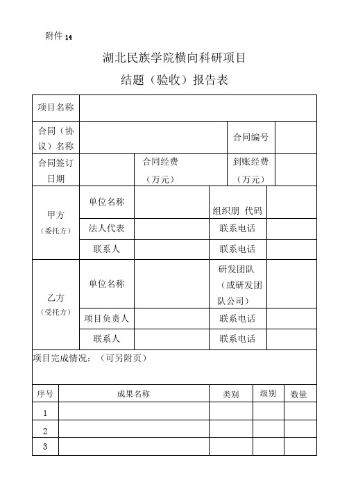 横向科研项目结题(验收)报告表