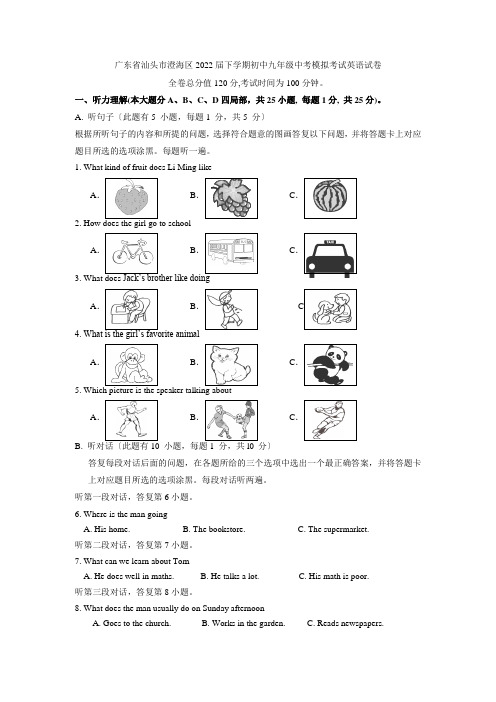 广东省汕头市澄海区下学期初中九年级中考模拟考试英语试卷