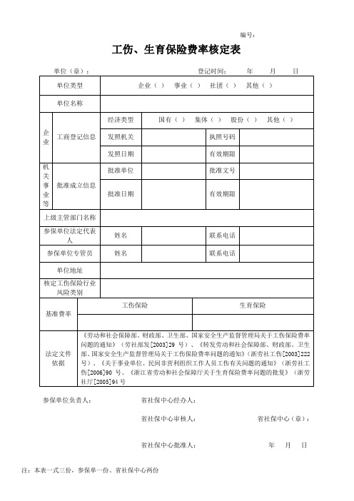 工伤、生育保险费率核定表