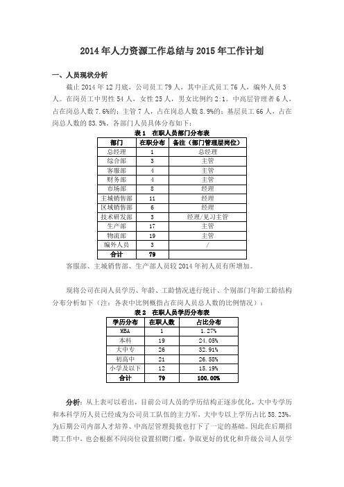 2014年工作总结及2015年工作计划