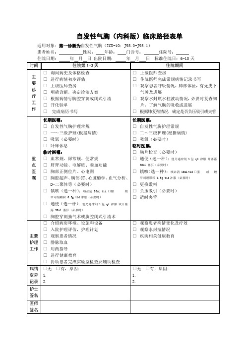 医院自发性气胸内科版临床路径表单