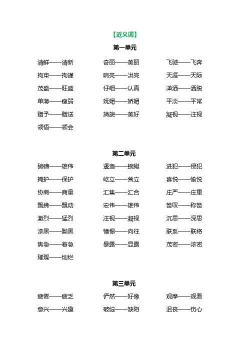 部编语文六年级上册各单元近反义词汇总