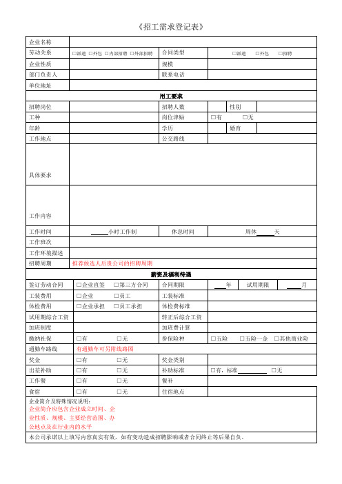 企业人员需求招工需求登记表