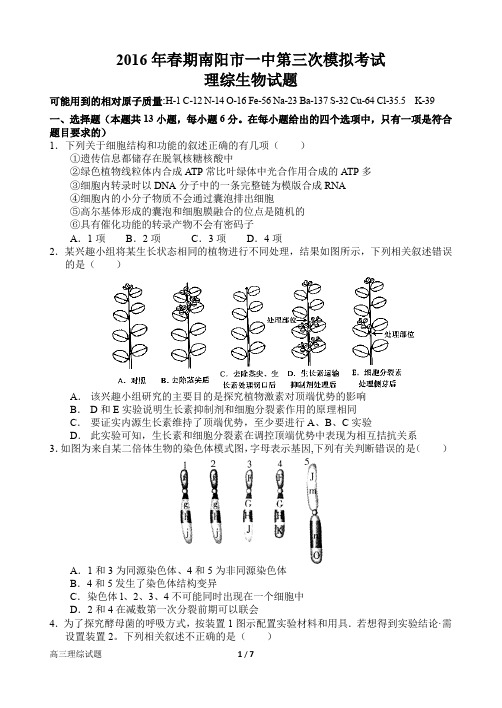 河南南阳市第一中学高三第三次模拟考试理科综合生物试题含答案