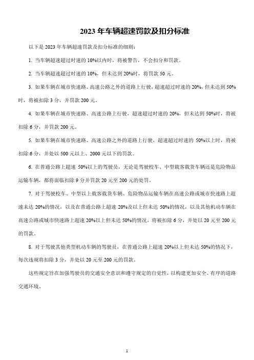 2023年车辆超速罚款及扣分标准