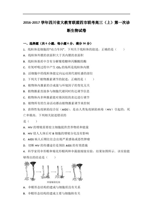 四川省大教育联盟四市联考2017届高三上学期第一次诊断生物试卷 Word版含解析