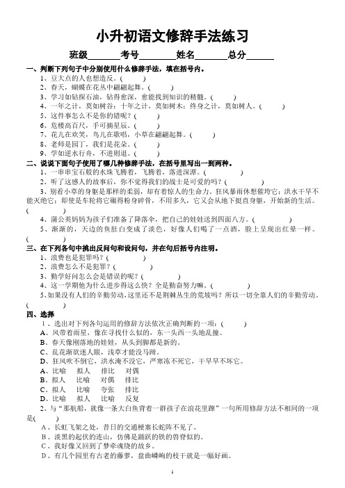 小学语文小升初《修辞手法》练习题及答案