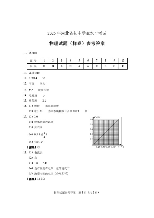 2025年河北省初中学业水平考试物理试题(样卷)参考答案